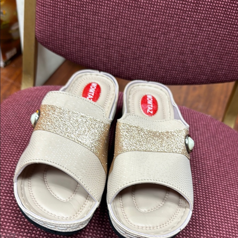 Gold and Beige Slide Sandals